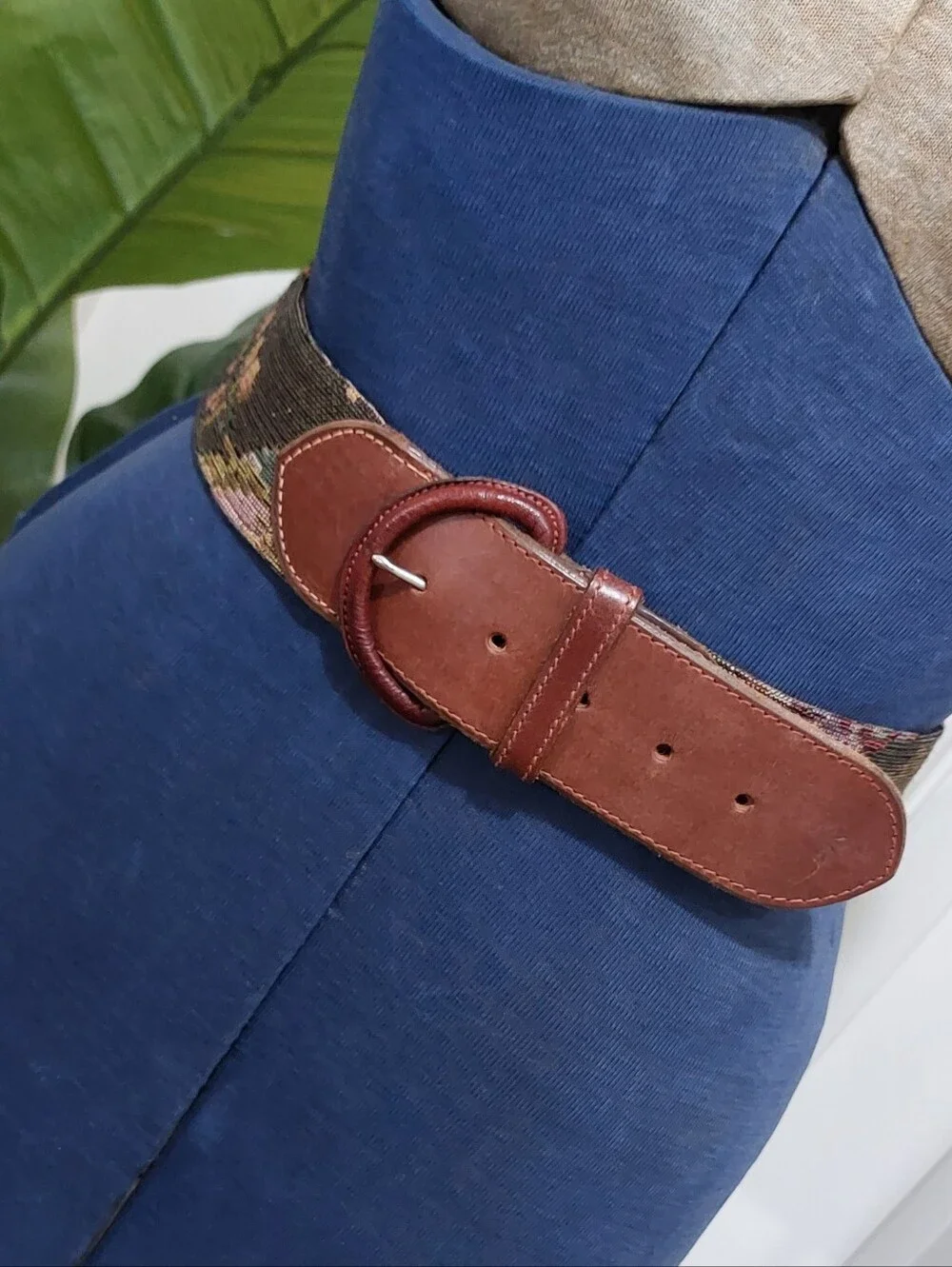 Ralph Lauren Brown Leather Buckle Belt with Multicolor Woven Tapestry Panel